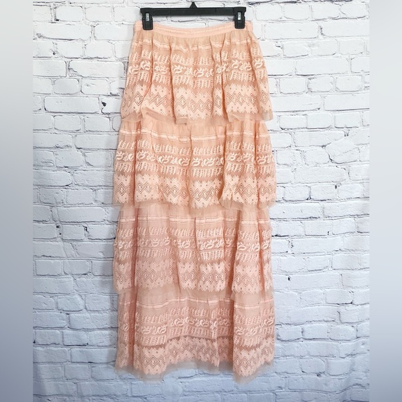 LoveShackFancy Harriet Maxi Skirt Pink Rosewater Tiered Lace Size 2 - Picture 6 of 8